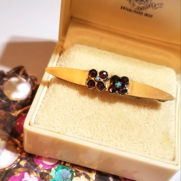 10kt TOP 1910s George L. Paine Bohemian Garnet Persian Turquoise Brooch - Picture 4 of 8